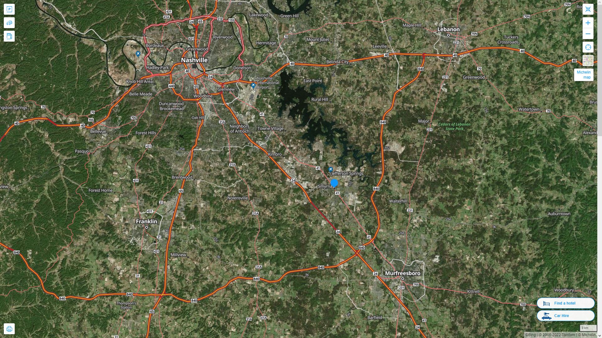Smyrna Tennessee Highway and Road Map with Satellite View